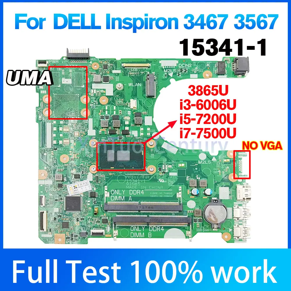 

15341-1 For Dell Inspiron 14 3467 15 3567 LAPTOP Motherboard RY2Y1 Y7J61 NP4RY 7H458 Mainboard 3865U i3 i5 i7 CPU 100% tested wo