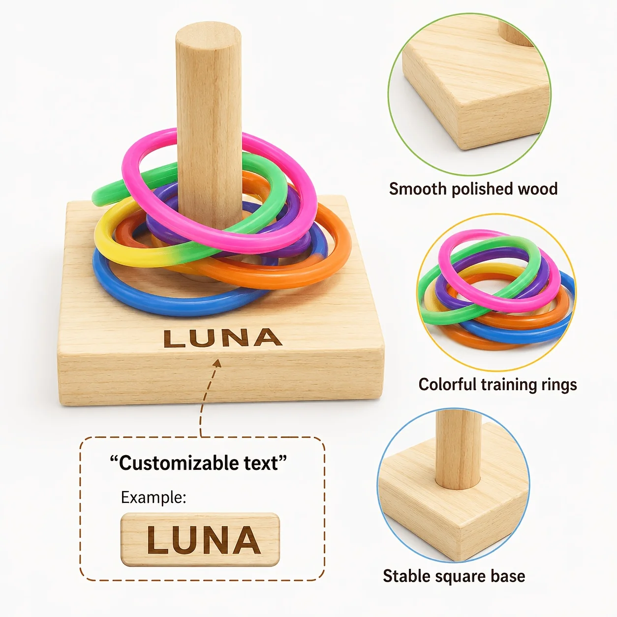 2Pcs Custom Bird Toys with Name Content, Combination of Square and Round Bases and Colorful Rings, Bird Skill-Building Desktop Toy, Training Stacking Colorful Ring Toy Set, a Special Gift for Your Beloved Birds