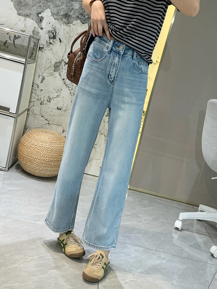 

Slimming Straight Leg Acetate Lyocell Jeans Women's Summer Thin High Waist Nine-Piece Wide Leg Pants Breathable Cotton Stretc...