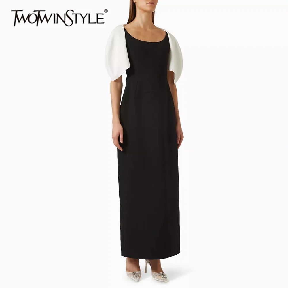 

TWOTWINSTYLE хит цвета, свободные минималистичные длинные платья для женщин, темпераментное платье с круглым вырезом и короткими рукавами, высокой талией, женское новое платье