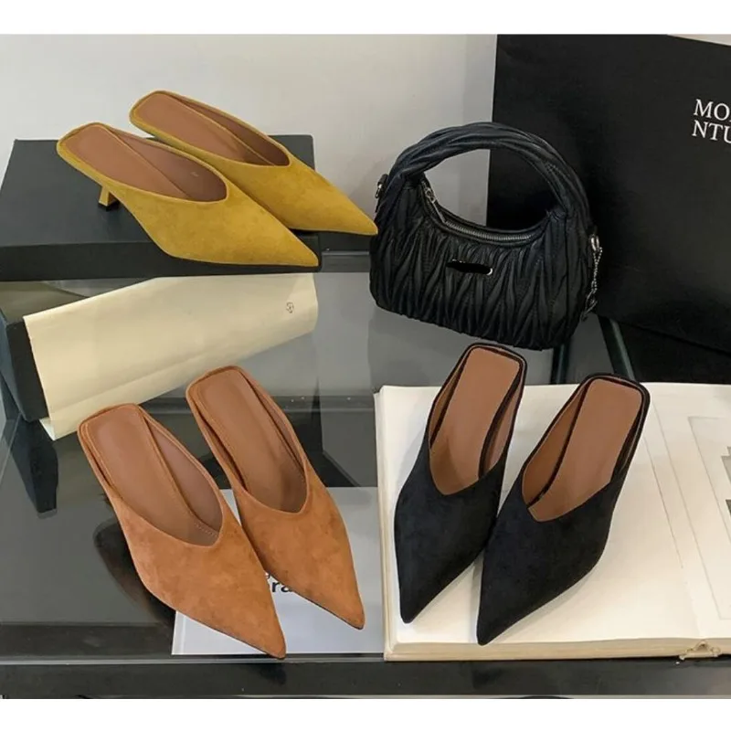 

Летние модные женские туфли на тонком среднем каблуке, элегантные туфли-мюли с острым носком для вечеринок, повседневная обувь, Zapatos Mujer