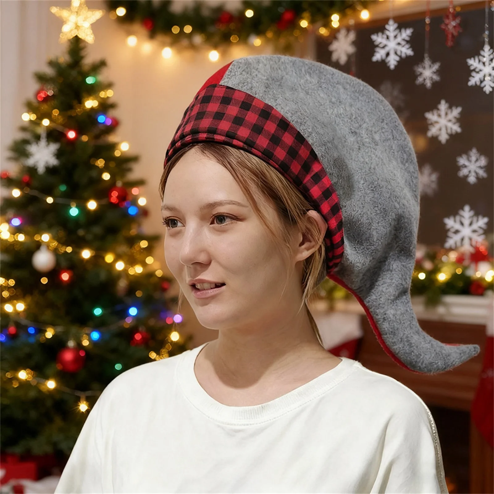 Christmas Felt Holiday Hat with Plaid Trim and Curled Tip Christmas Hat for Adults and Teens