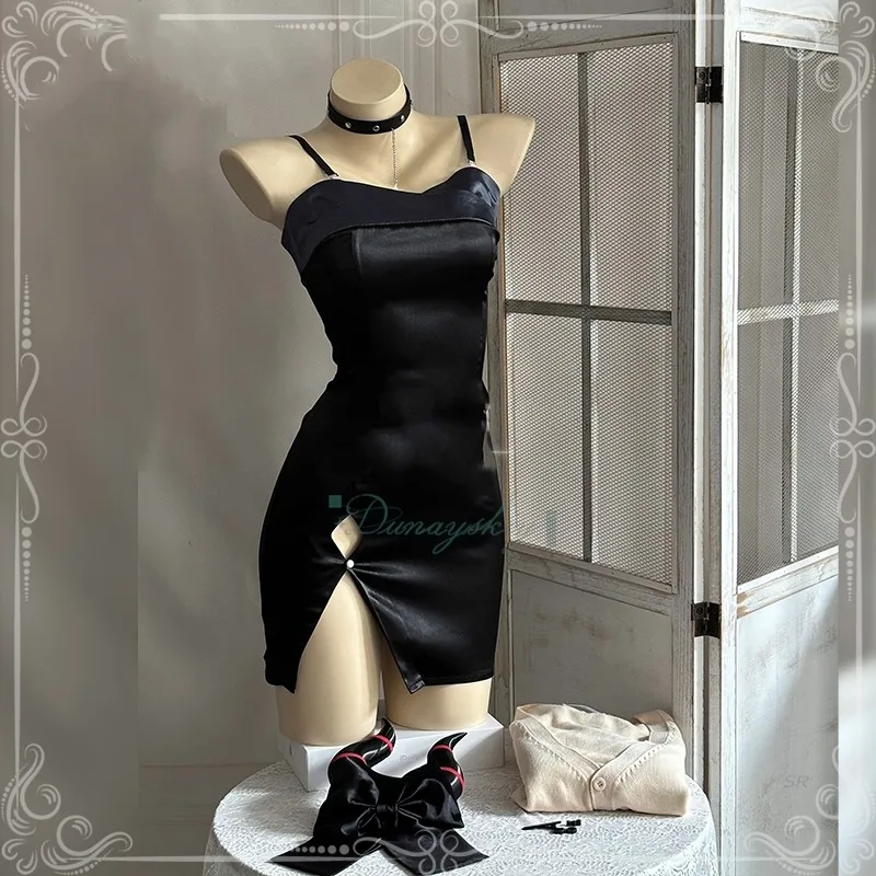 Disfraz de Halloween para adultos, archivo azul, Onikata Kayoko, vestido de noche negro con cuello Halter, chal, abrigo, peluca, uniforme para mujer, disfraz Wo