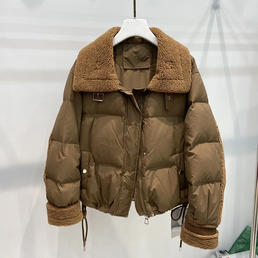 Inverno nova jaqueta feminina para viagem lã de cordeiro emendada jaqueta de pato branco