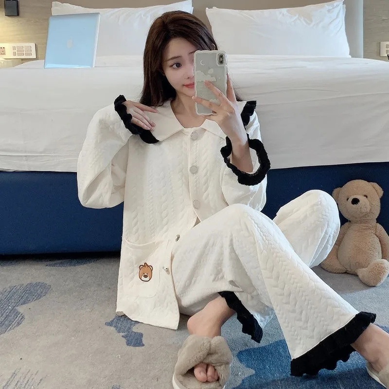 2023 New Thickened Cotton Pajamas Women Pure Cotton Loungewear Autumn Winter Sweet Sleepwear Air Layer Falbala Homewear Set