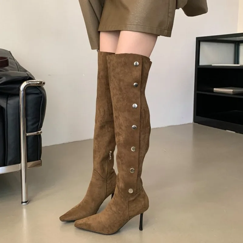 Women's Knee High Boots Pointed Toe High Stiletto Heel Suede Look Fold Over Cuff Slouch Shaft Button Detail Party Dress Shoes view 5