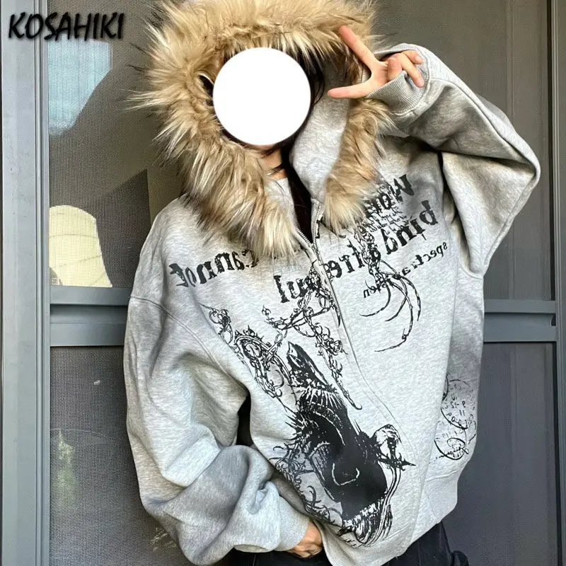 Women Y2k Aesthetic Tie-dye Printing Hoodies Harajuku Vintage Fur Patchwork Hooded Hoody Casual Grunge Oversized Sweatshirts