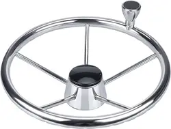Marine Stainless Steel Steering Wheel Mirror Polished 11 Inch Yacht 5 Spoke Destroyer with Control Knob For Boat Accessories