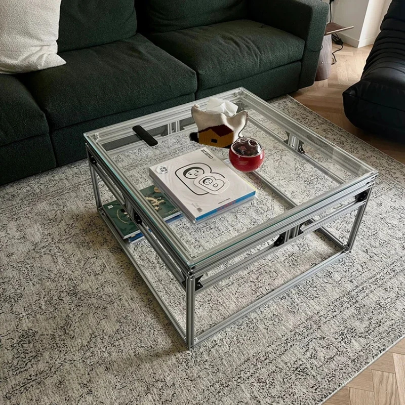 

Aluminum profile furniture coffee table tempered glass tea table living room bedroom transparent small square table