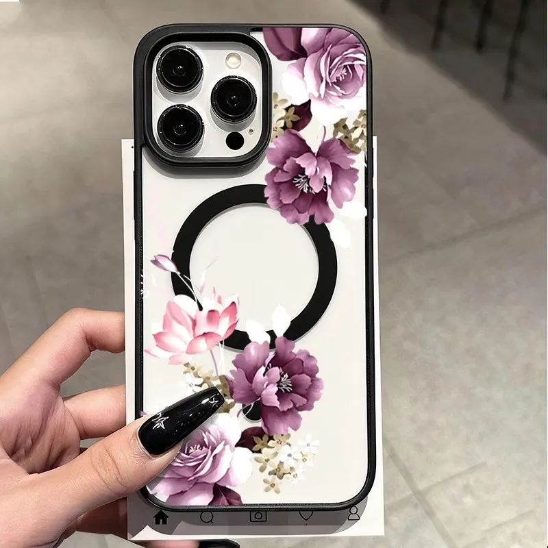 For iPhone 17 16 15 14 12 11 Pro XS Max Air 16e 17e Purple Floral MagSafe Clear Shockproof Magnetic Wireless Charge Phone Case - view 2