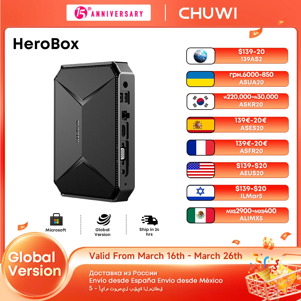 CHUWI Herobox Мини-ПК Intel 12-го поколения N100 Четырехъядерный процессор 8 ГБ ОЗУ 256 ГБ SSD WiFi 6 BT5.2 Gigabit Ethernet VESA До 2 ТБ SSD Windows 11