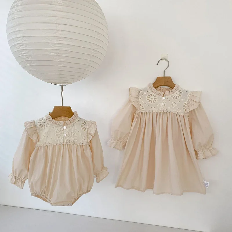2026 New Spring Sister Dress Kids Princess Dresses Baby Girl Romper Long Sleeved Cotton Splicing 1-6Yrs Girl Party Dress