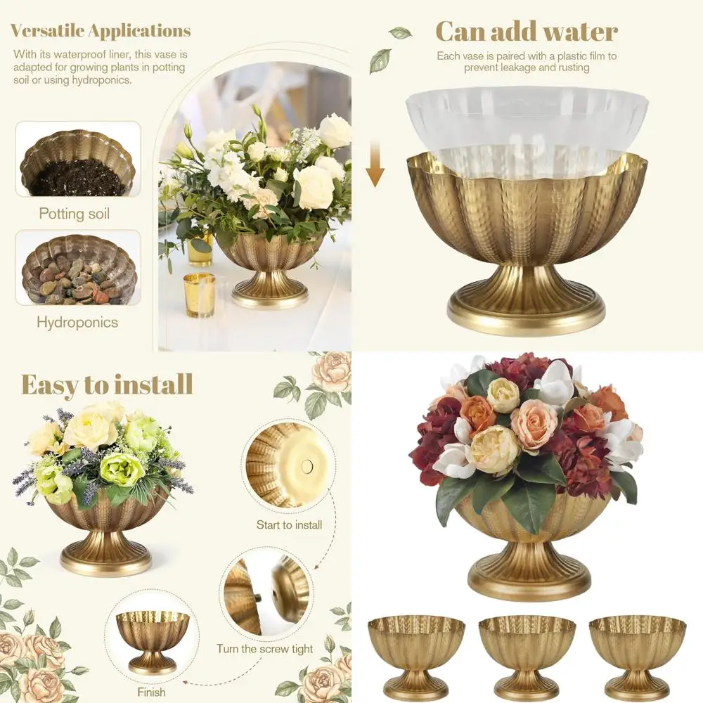 

Vintage-Style Large Gold Pedestal Vases, 9 Diameter x 6.5 Tall, with Water-Resistant Liners for Elegant Centerpieces