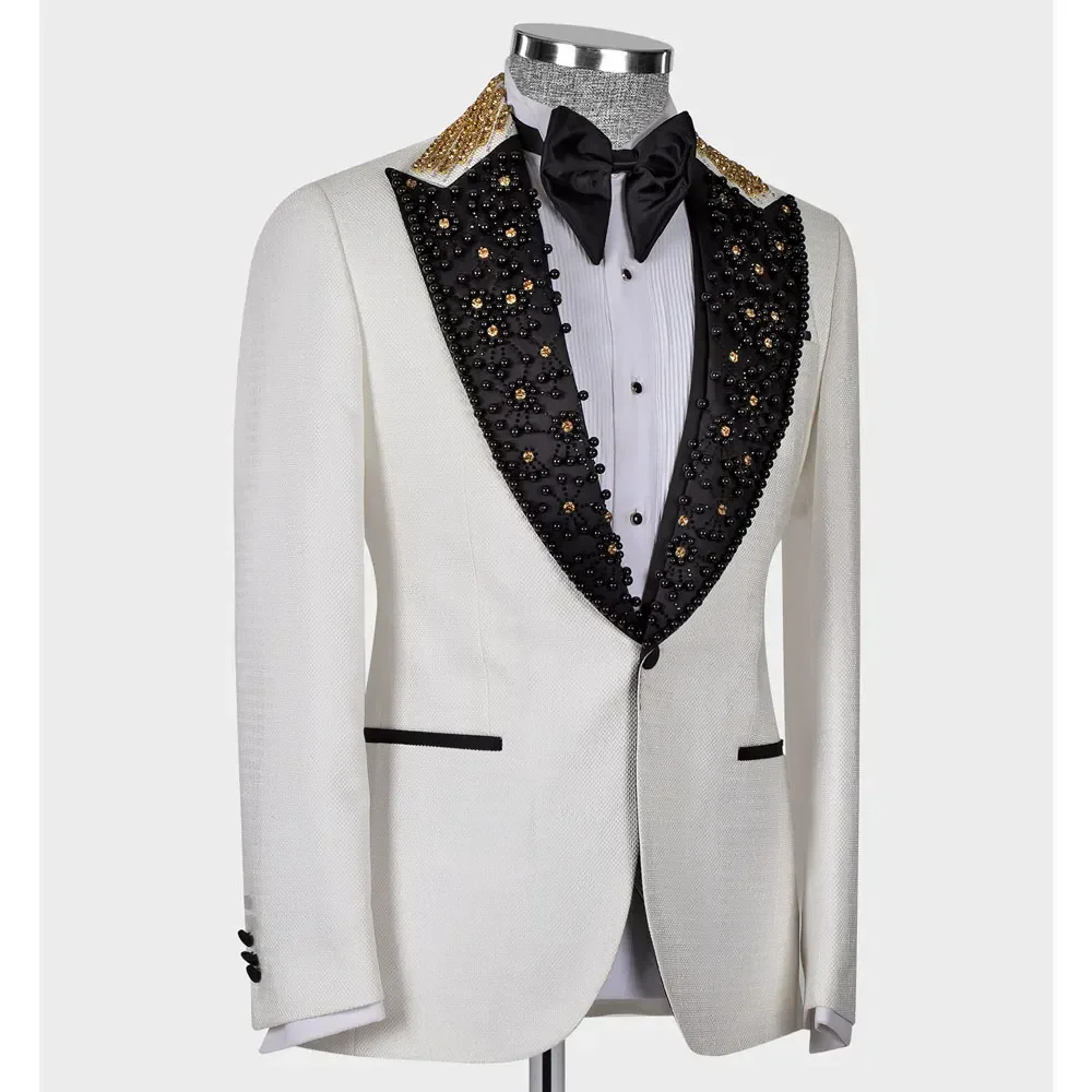 White Pearls 3 Piece Jacket Vest Pants Men Suits Formal Blazer Prom Wedding Groom