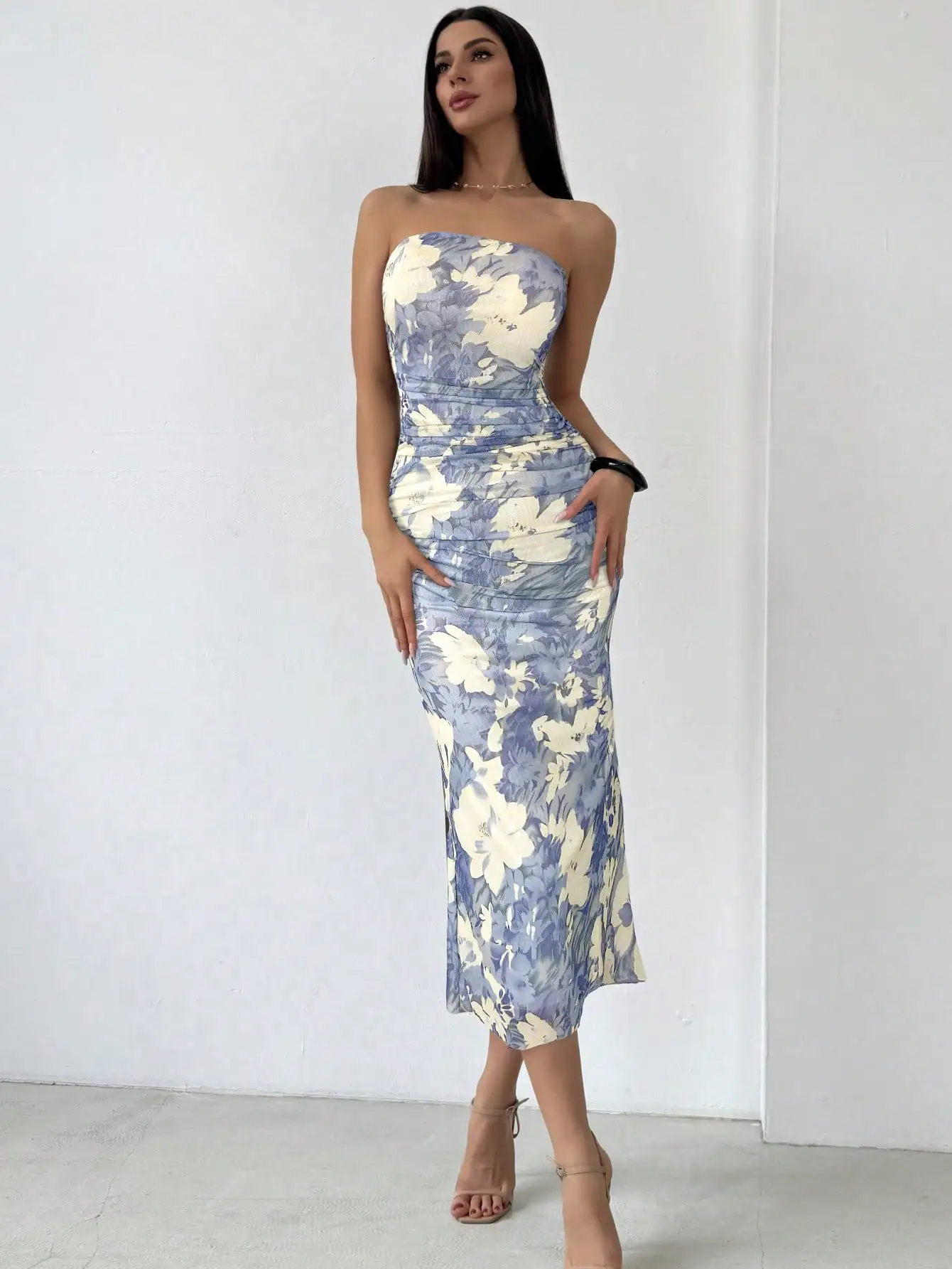 

Elegant Strapless Floral Mesh Dress with Pleated Detail, Spring Summer Wear