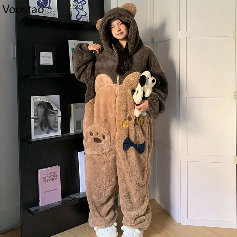 Sweet Bear Hooded Onesies Women Pajamas Cute Pijama Winter Fleece Warm Sleepwear Kawaii Lady Nightwear Pyjamas Jumpsuit Homewear