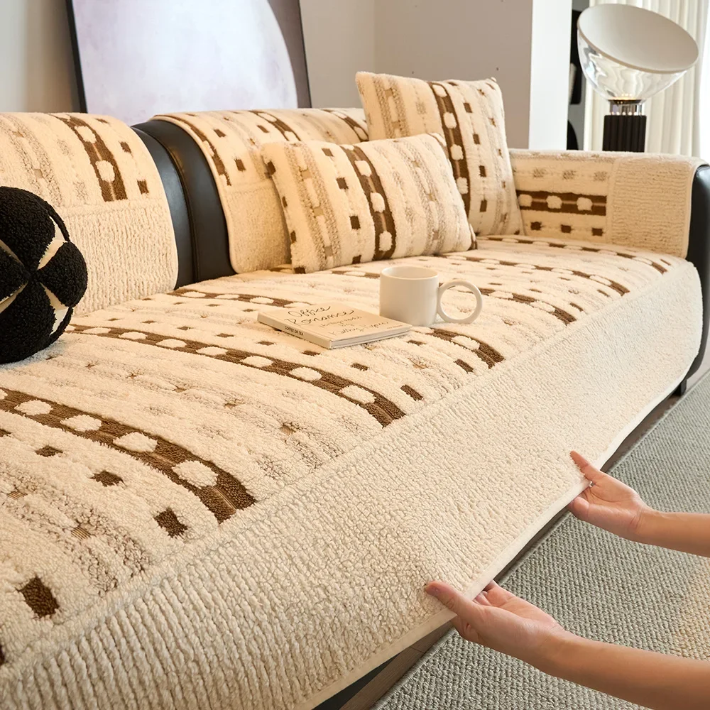 Winter Cotton Fleece Straight-Row Sofa Cushions Fabric One-Piece Thickened Universal Sofa Cover Warm Soft Sofa Covers Fabric
