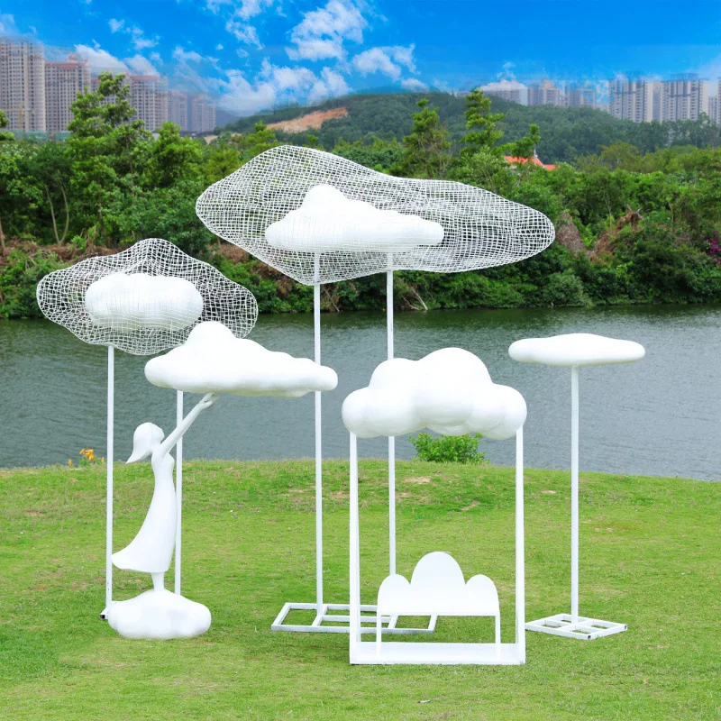 

FRP Cloud Sculpture Abstract Stainless Steel Hollow Ornament Park Plaza Sales Office