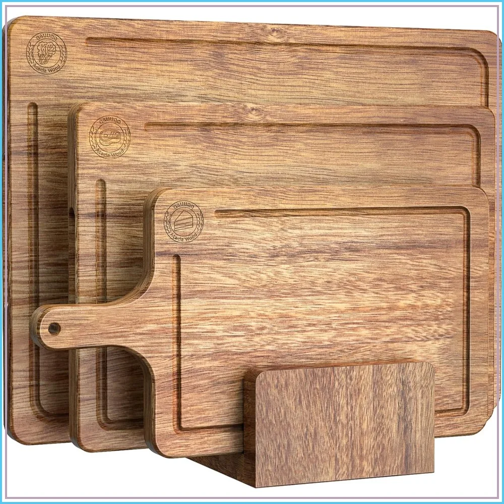 

Acacia Wood Cutting Board Set of 3 – Pre-Oiled, Juice Groove, Reversible, with Holder, Icons for Meat Cheese Veggies