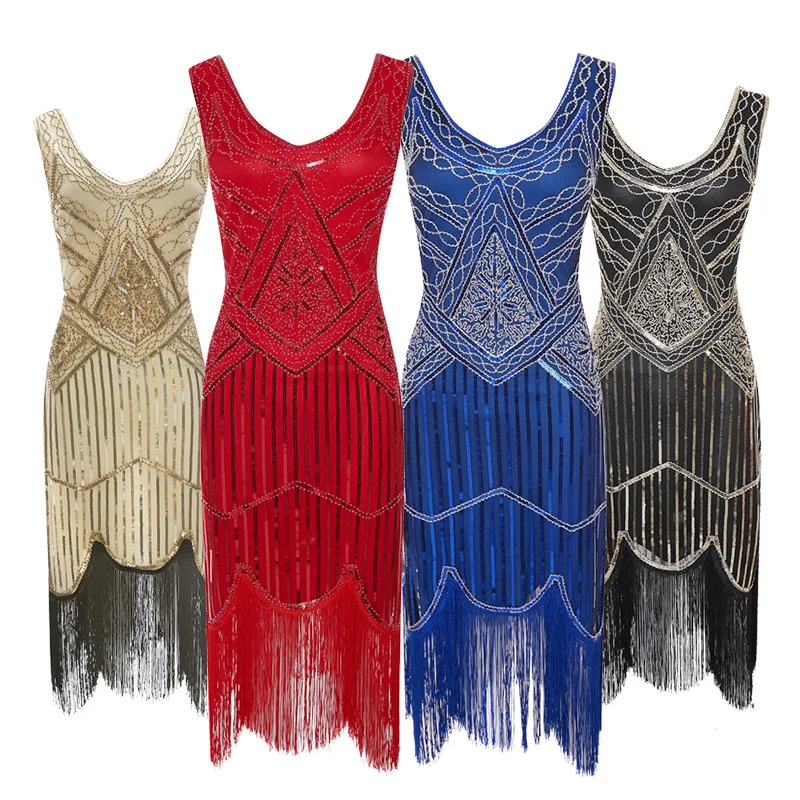 Retro 20s 1920s Flapper Dress Outfits with Accesorries Headband Great Gatsby Roaring Women's Sequins Tassel Fringe Evening Dress