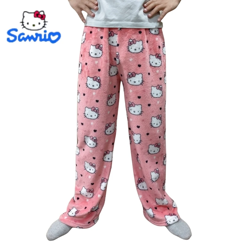 Cartoon Hello Kitty Pajama Pants Cute KT Coral Fleece Soft Trousers Women Casual Home Trousers Kawaii Sanrio Anime Birthday Gift