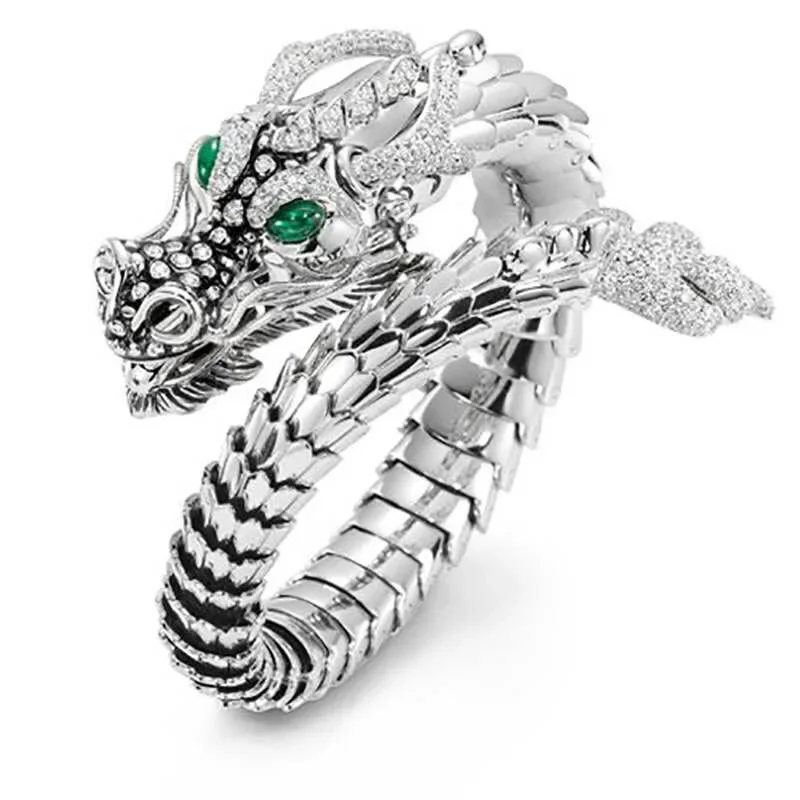 Hot Sale Dragon Open Ring for Men Green Eyes Heroic Spirit Silver Color Dragon Hyperbole Male Rings Punk Style Jewelry