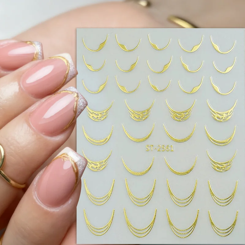 1pc ゴールデンシルバーリーフブランチチップネイルステッカーグラデーションラインスライダー爪用オンブルデザイン自己粘着ネイルアートデカール