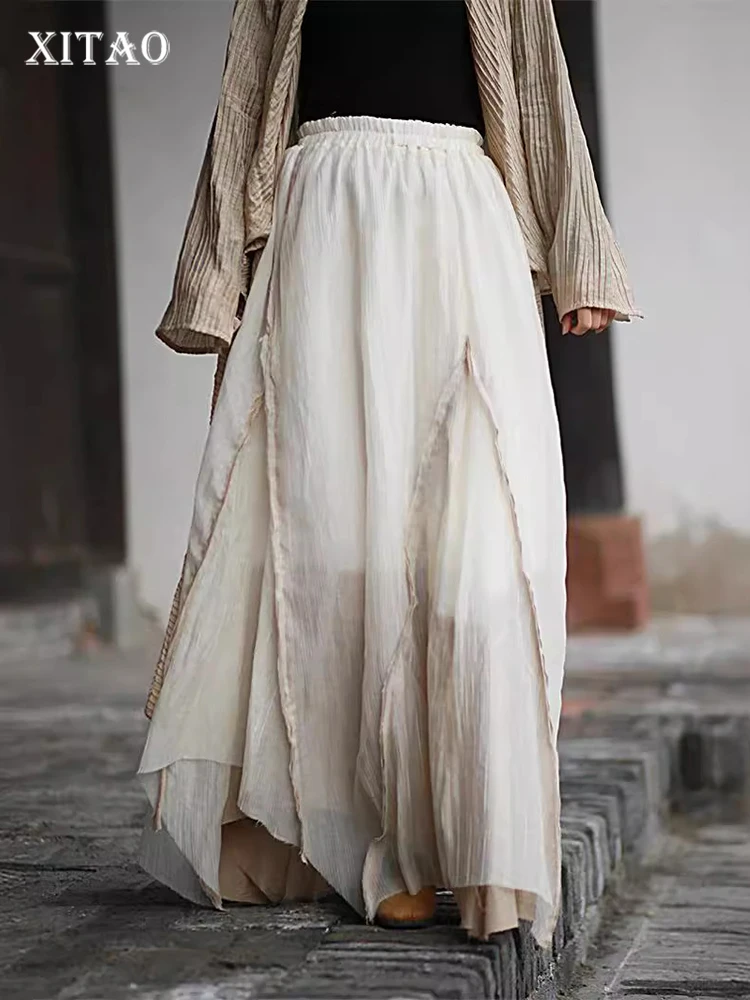 Xitao Gesplitste Rok Effen Kleur Elastische Taille Casual Losse Chinese Stijl Eenvoud Lente Mode Vrouwen Nieuwe Rok Lyd1770