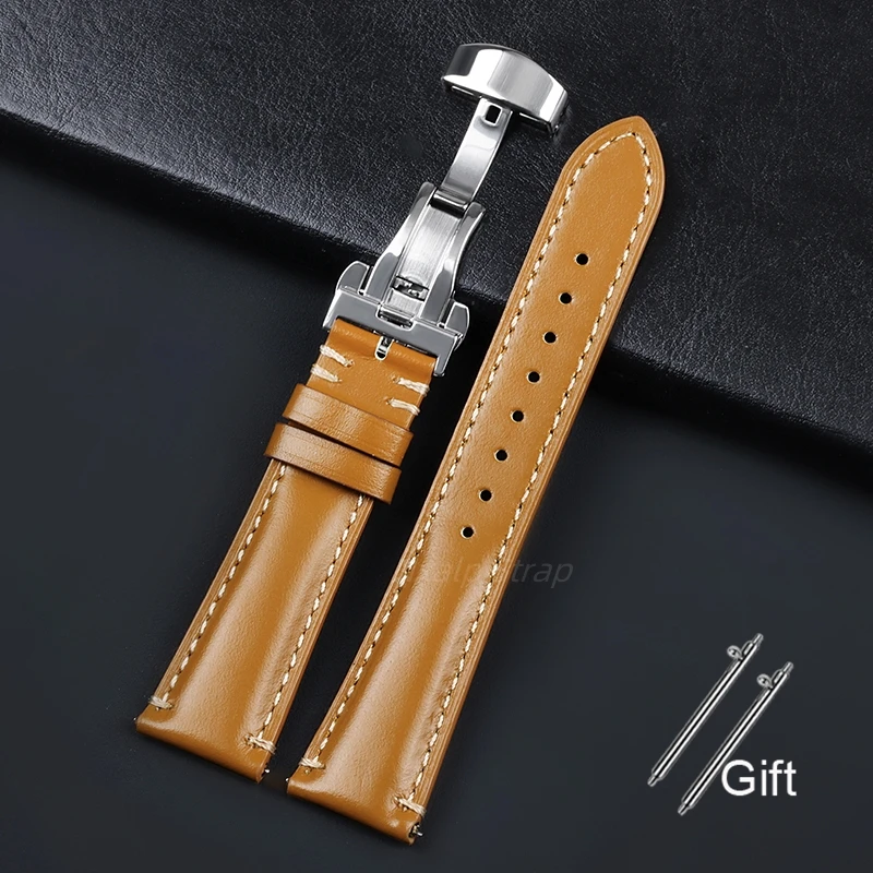 Genuine Leather Watch Band 20mm 22mm 24mm Butterfly Buckle Cowhide Band Quick Release Wristband Handmade Stitching Watchband