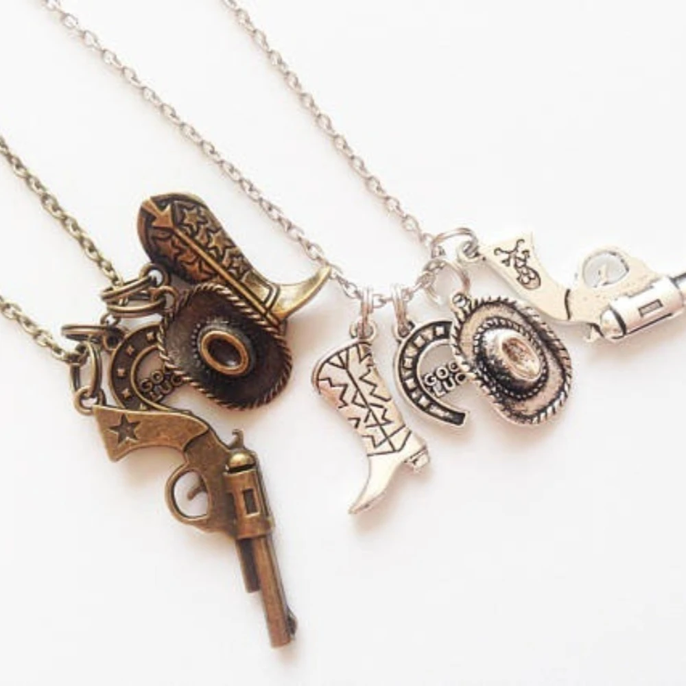 Hip-hop Retro  Gold Color Western Cowboy Boot Hat Pistol Pendant Necklace for Women Men Personality Fashion Jewelry Accessories view 6