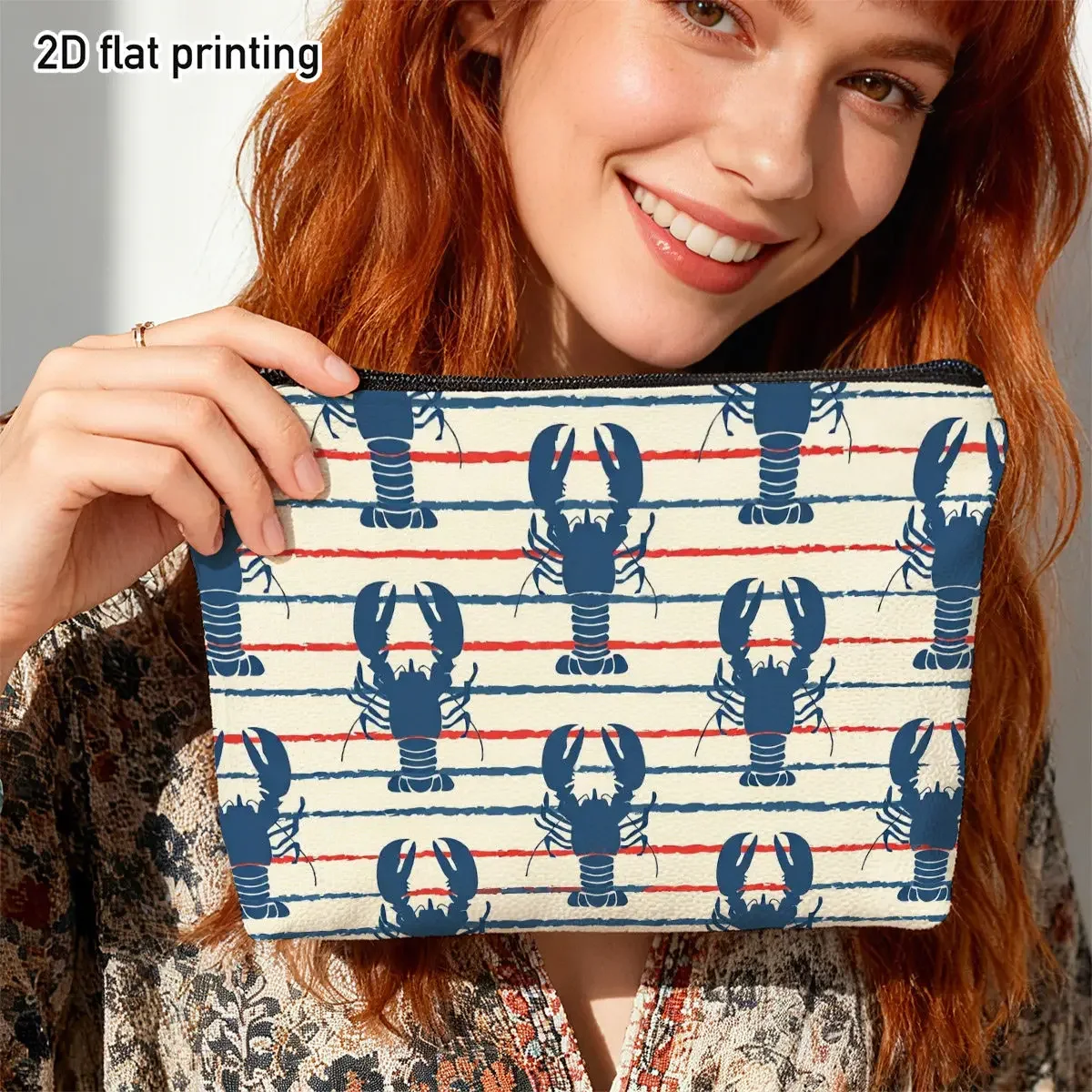 Nautical Lobster Pattern Durable Makeup Bag Red and Blue Striped Lobsters Ideal for Beach Getaways Summer Vacations Storage Bag