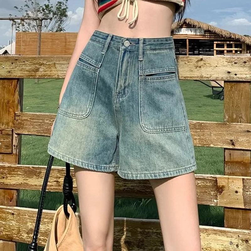 Spring and summer new high waisted denim shorts for women with loose and casual design  retro wide leg A-line hot pants