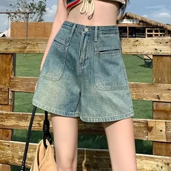 Shorts jeans de cintura alta para mulheres, design casual e solto, calça retrô de perna larga, nova para primavera e verão