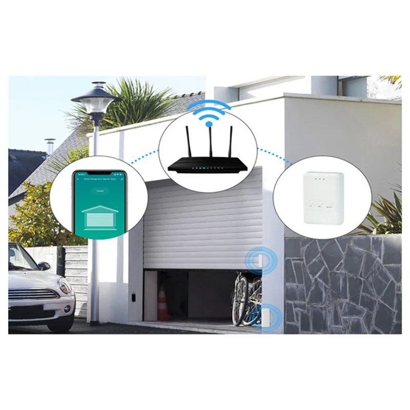 ABDE-Tuya WIFIスマートユニバーサルガレージドアオープナー、Alexa音声アシスタント対応、ドアセンサー付きワイヤレスガレージドアコントローラー