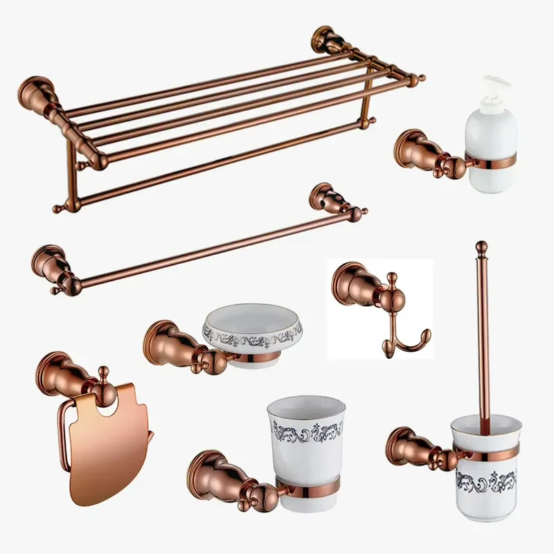 Rose Gold Bathroom Accessories Set Modern Toilet Paper Holder Towel Bar Ring Brush Holder Kit for Home Decor Luxury Rose Gold