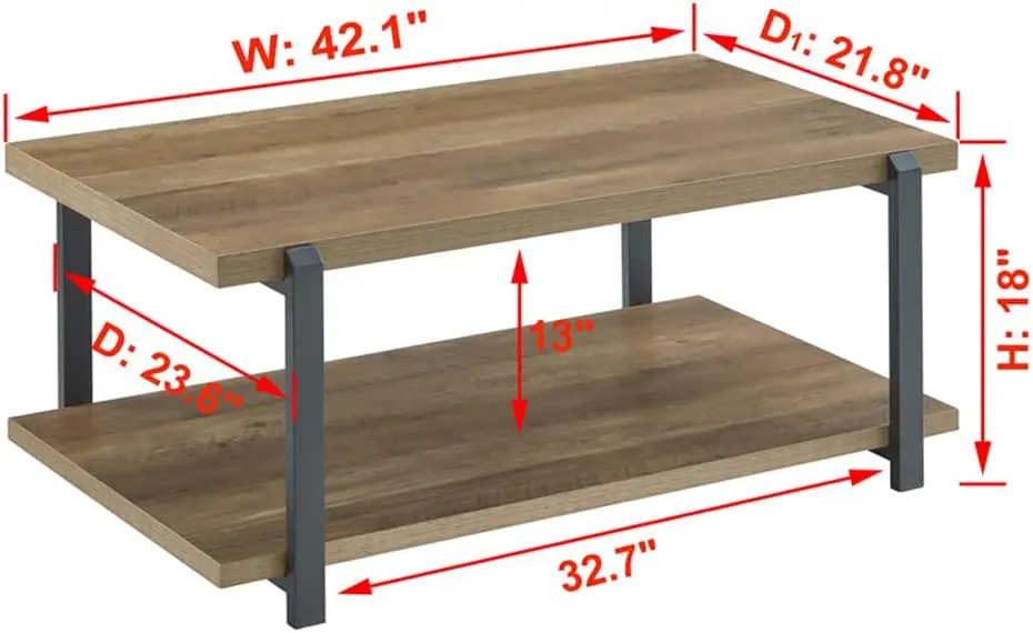 FOLUBAN Mesa de centro industrial con estante, mesa de cóctel rústica de madera y metal para salón, roble