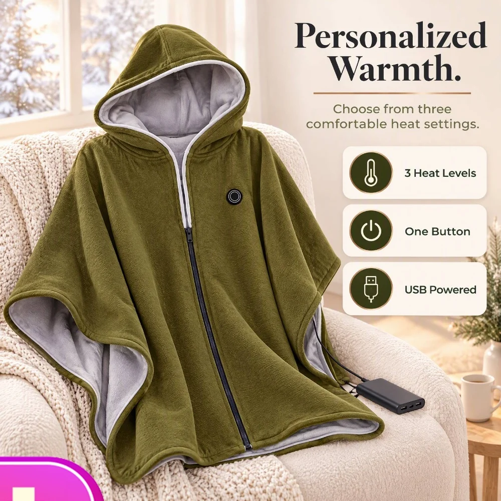 Knit Heated Shawl with Hoodie USB Electric Heating Shawl Hooded Cape 3 Heat Settings Zipper Wearable Blanket Winter Body Warmer