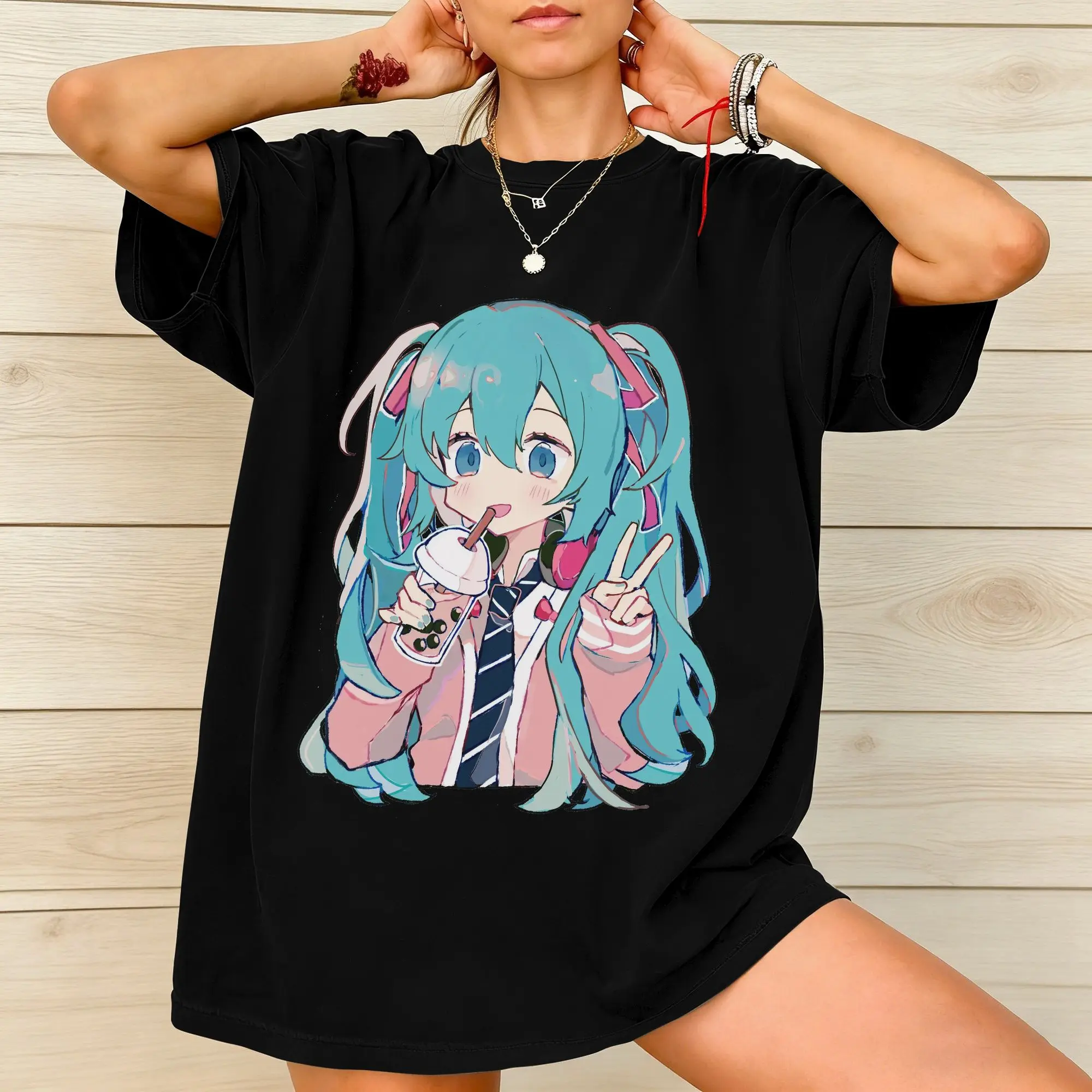 ウォッシュドtシャツ-ボバティー-vocaloid-ヒップホップ-ヴィンテージtシャツ-オーバーサイズ-初音ミク-ストリートウェア-コットン-プリントトップス-メンズ-レディース