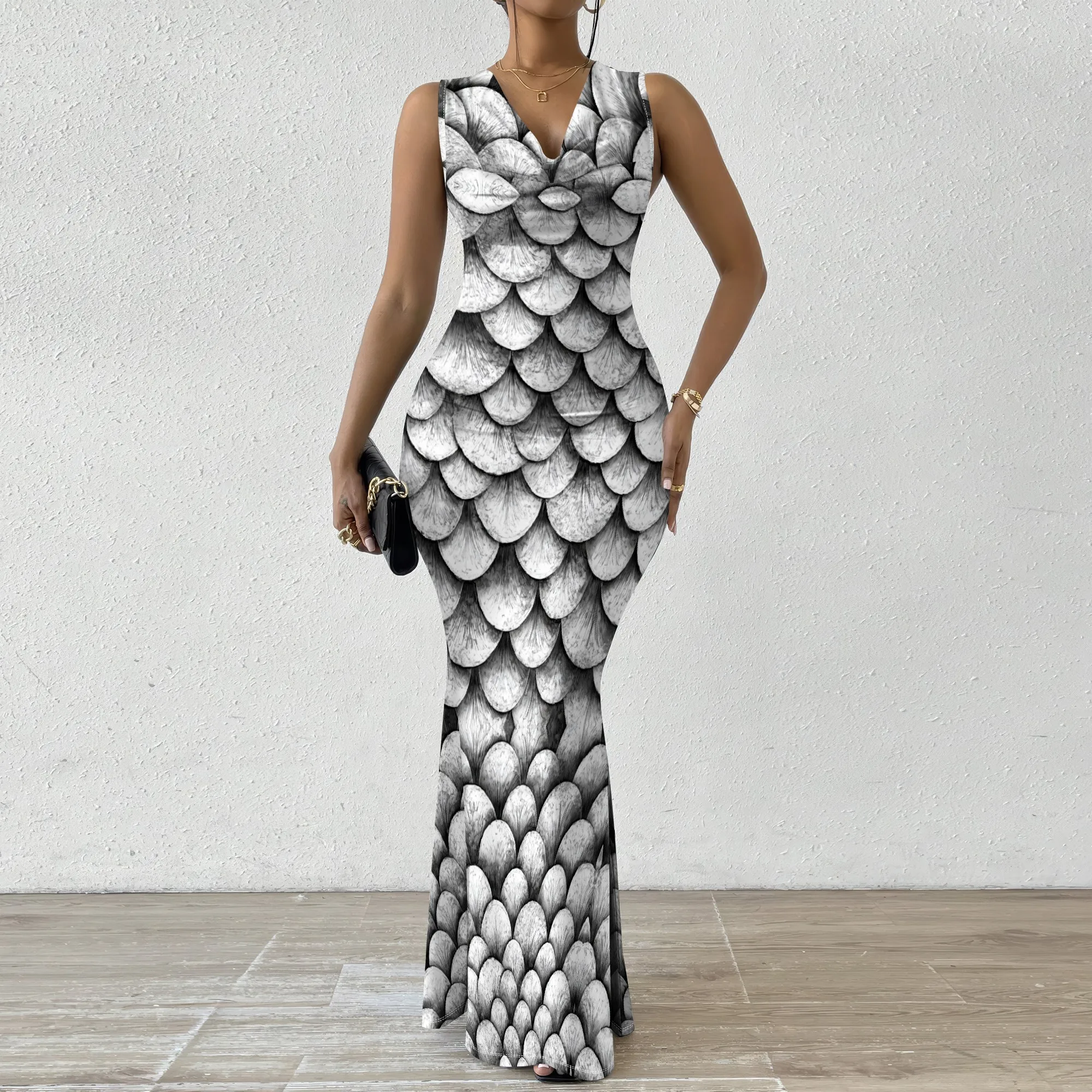 

Black White Fish Scale Maxi Dress XS‑2XL Sleeveless V‑Neck Mermaid Style for Art Show, Cocktail Party or Fashion Event Look