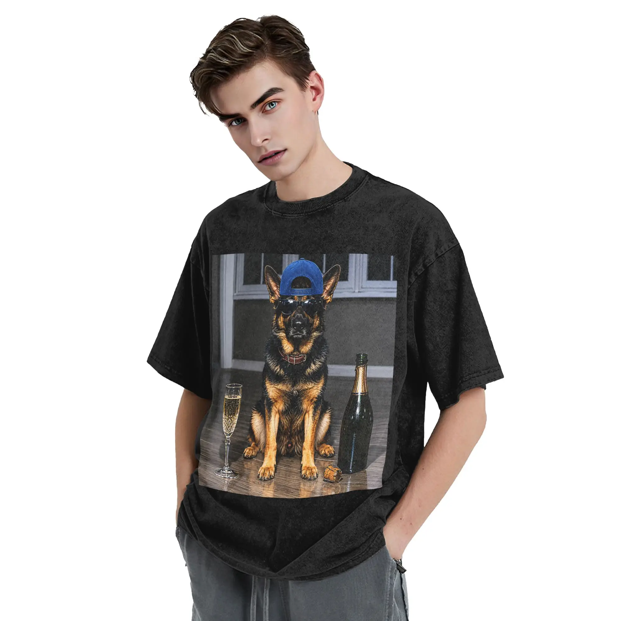 German Shepherd Drinking Champagne Washed T Shirt Streetwear  Vintage T-Shirts Funny Dog Meme Tees for Men Women Short Sleeve