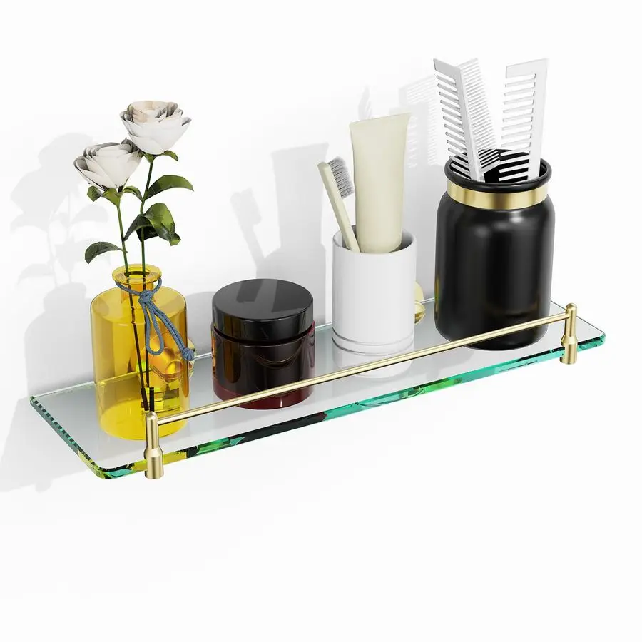 

Bathroom Shelves,Brushed Gold Floating Shelves for Wall Rectangular Modern Stainless Steel Glass Shelf for Bathroom Shelves Wall