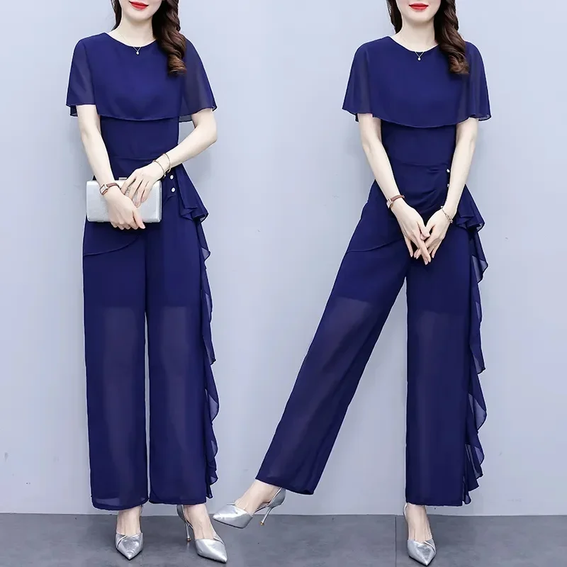 Summer 2024 New Female Unique and Advanced Fashion Chiffon Splice Jumpsuit Set Women's Temperament Wide Leg Jumpsuit