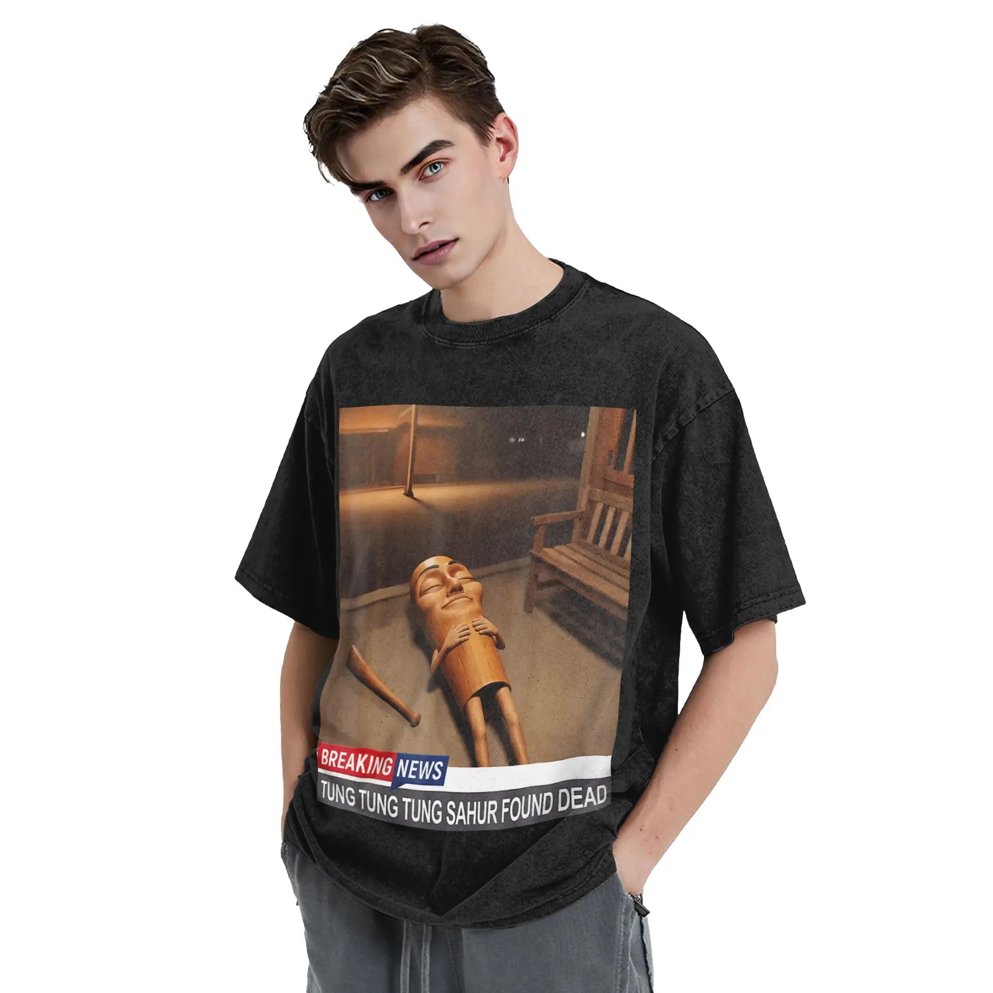 Tung Tung Tung Sahur Found Dead Breaking News Funny Meme Washed T Shirt Streetwear T-Shirt  Tee Shirt for Men Women Short Sleeve