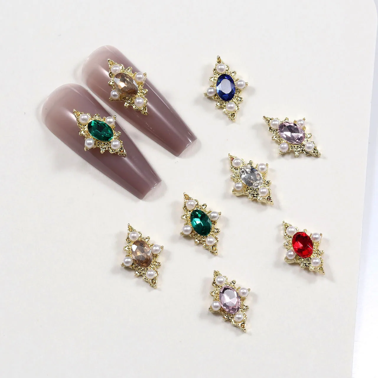 10PCS Retro Golden Alloy Nail Studs,Multi Color Crystal Pearl Shiny Nail Decor for Handmade Elegant Long Nail Design Accessories