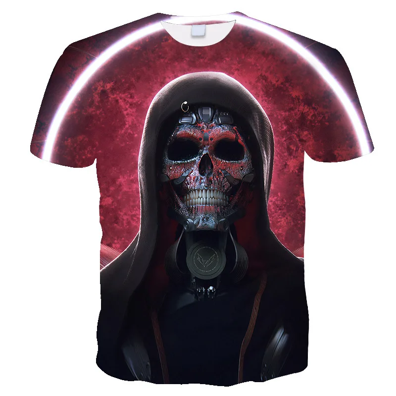 Summer Fashion New Red Flame Perspective Skull Full Print Short Sleeve Loose Dark Wind Speed Dry Men's T-shirt view 5