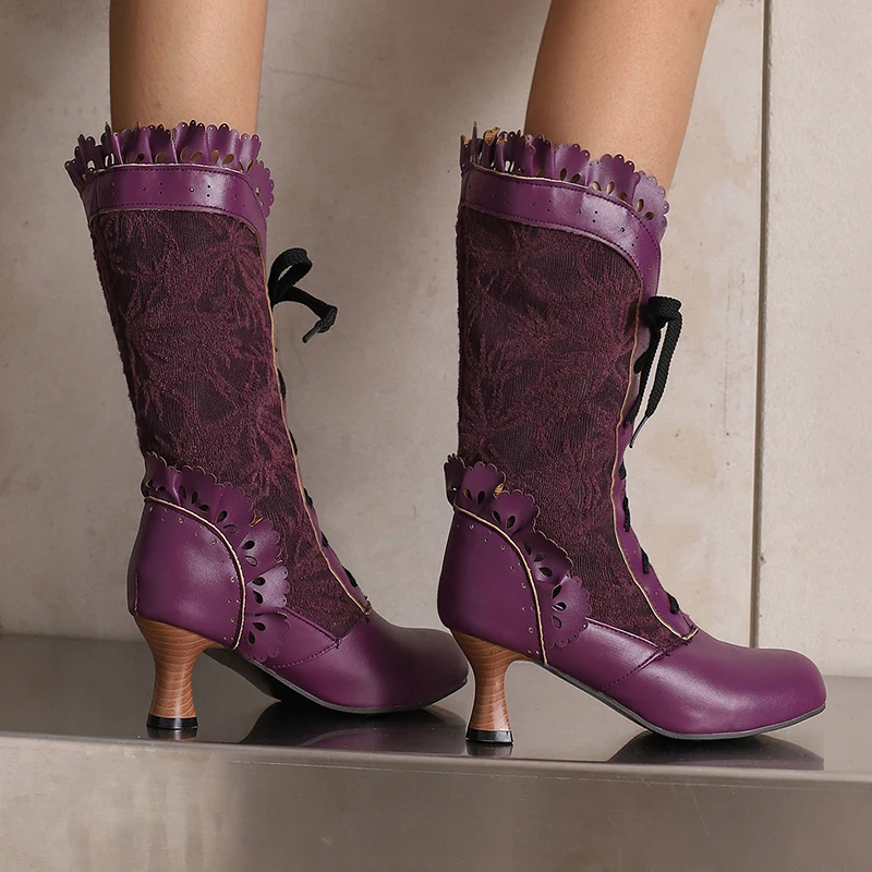 

Plus Size Ruffled Mesh Fabric Splicing PU Wood Grain Wine Glass Fine Heel Tie Lolita Mid-Calf Boots Plush Lining Vintage Boots