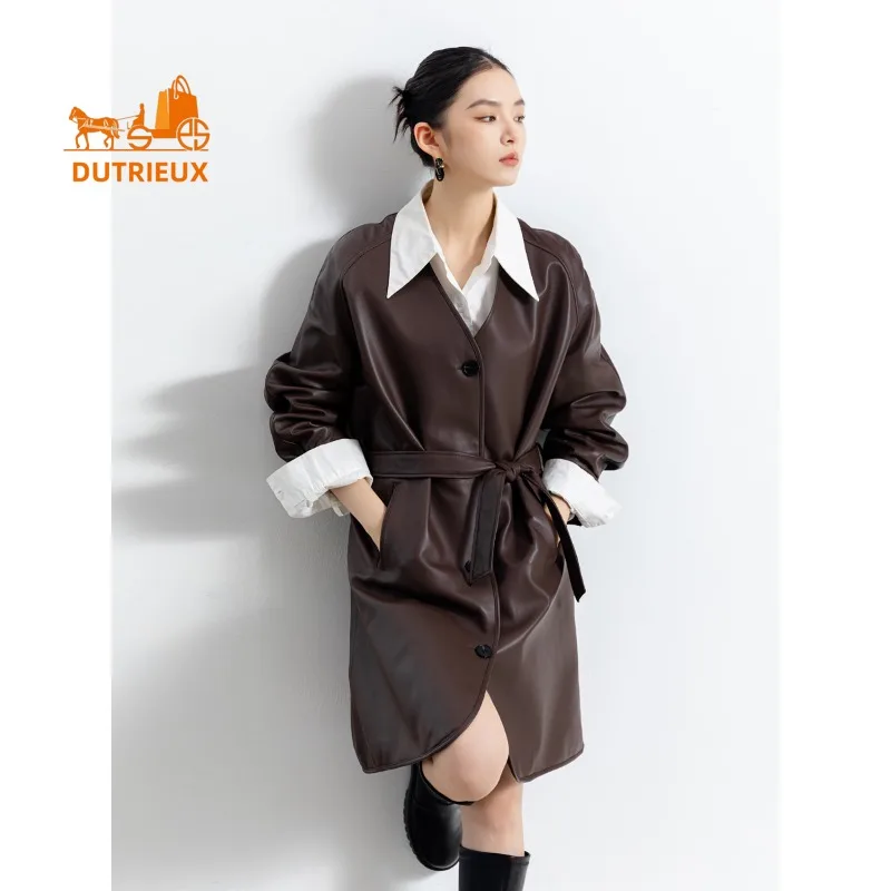 Giacca da donna in vera pelle con giacca a vento di media lunghezza semplice autunno e inverno, vera pelle di pecora al 100%, cappotto elegante alla moda da donna