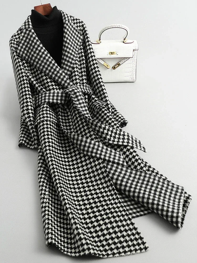 Vintage Ladies Coat Fashion Houndstooth Belt Coat Women\'s Long Over Knee Tartan Coat Autumn Winter Coats and Jackets Women 2024