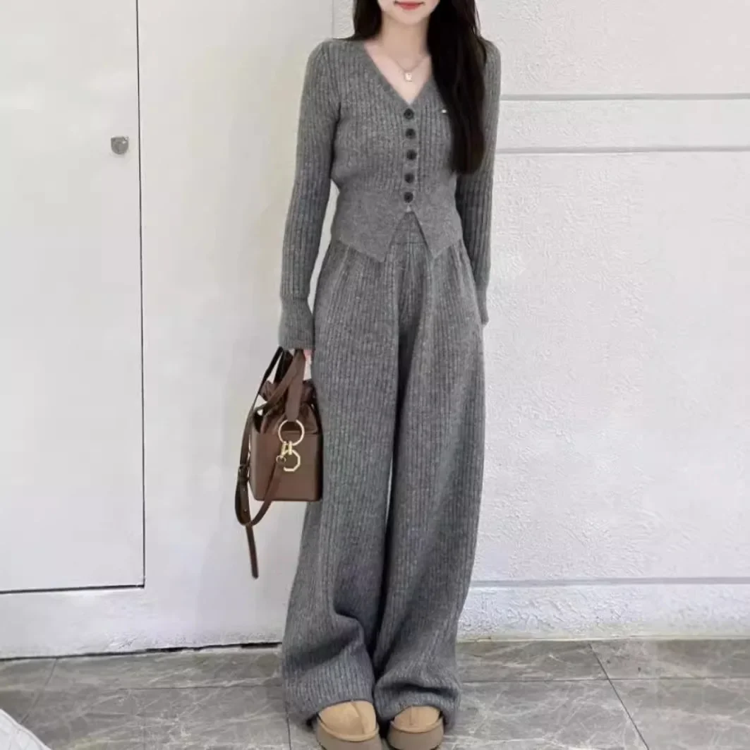 Sweater Women\'s New Autumn and Winter Korean Style Loose Lazy Style Sweater Wide Leg Pants Casual Two-piece Set