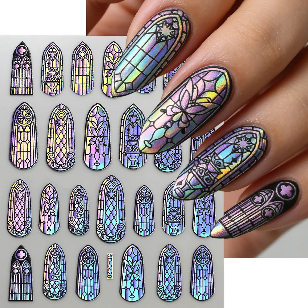 5D Sparkly Retro Glass Fragment Nail Sticker Holographic Flower/Butterfly/Cross/Castle Nail Decals Geometric Frame Nail Decor view 6